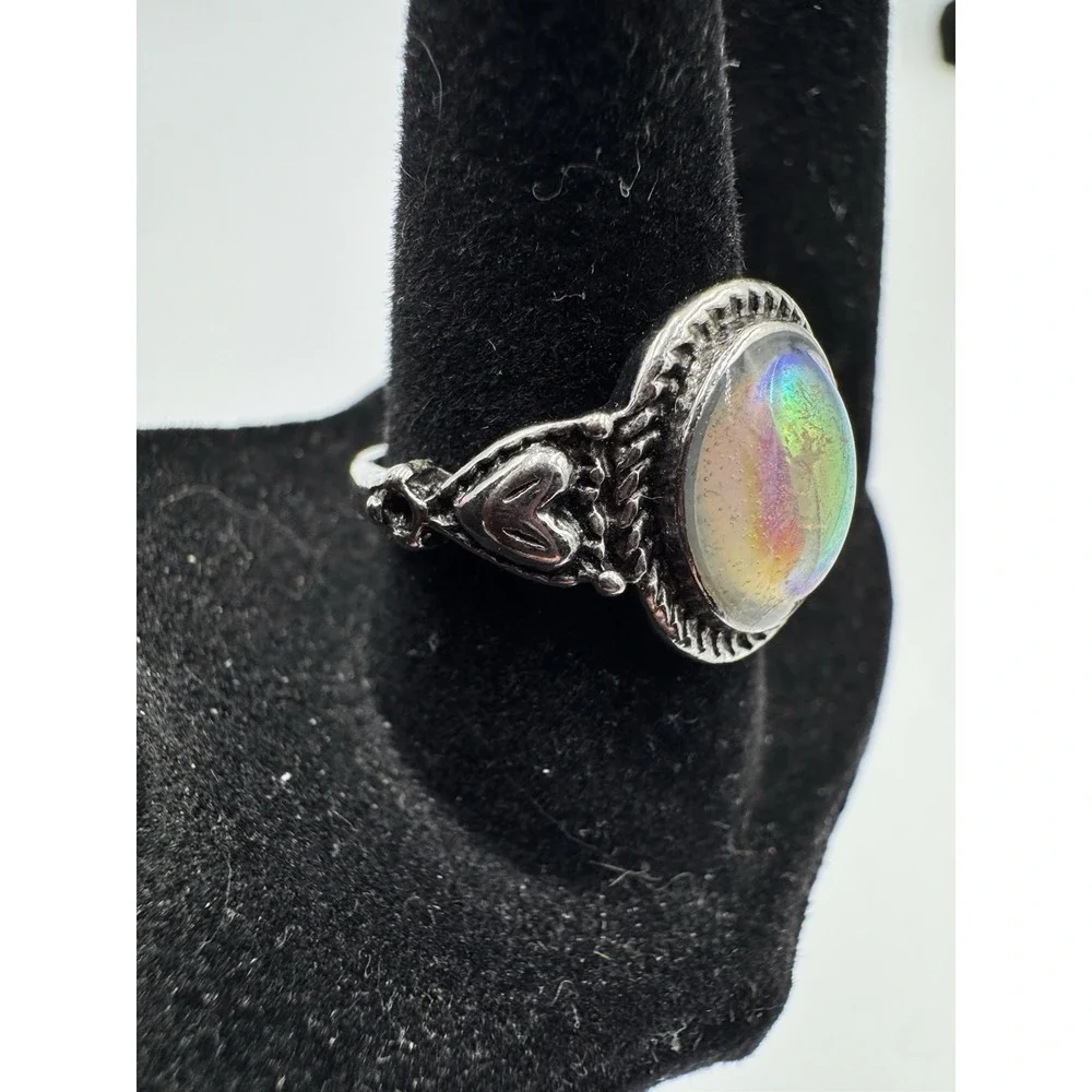 Silver Tone Oval Opal Look Cabochon Boho Vintage Style Ring